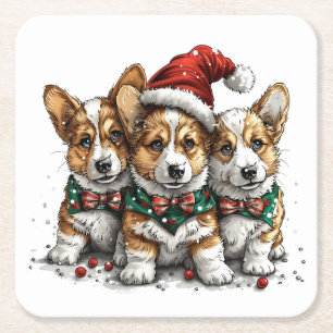 Merry Christmas Pembroke Welsh Corgi Puppies Square Paper Coaster