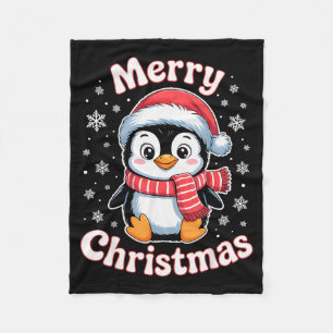 Merry Christmas Penguin Cute Santa Hat Snowflake H Fleece Blanket