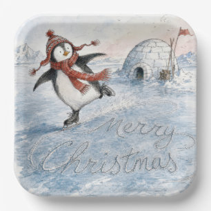 Merry Christmas Penguin on Ice Skates Paper Plate