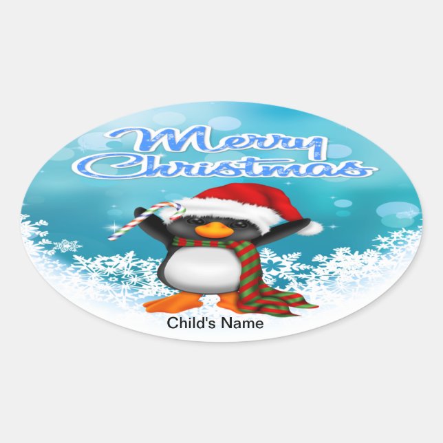 Merry Christmas Penguin Oval Stickers (Front)