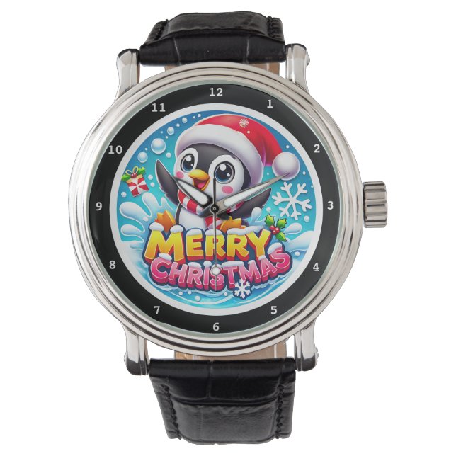 Merry Christmas Penguin Water Splashes Watch (Front)