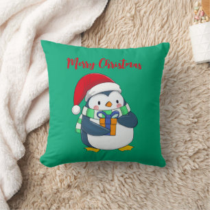 Merry Christmas Penguin with Gift Throw Pillow