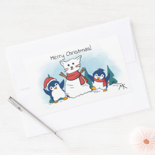 Merry Christmas Penguins building a Snow Cat Rectangular Sticker