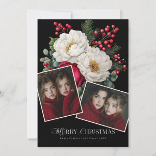 Merry Christmas Peony Floral holiday 2 photo Card