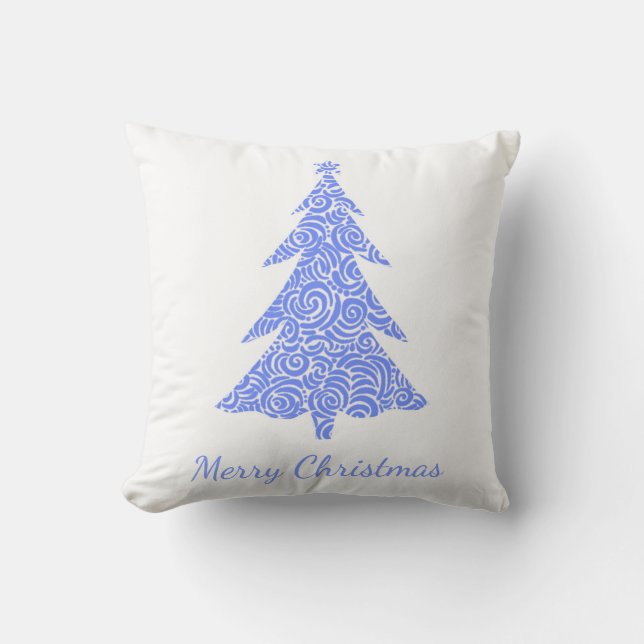 Merry Christmas, periwinkle blue swirl tree Cushion (Front)