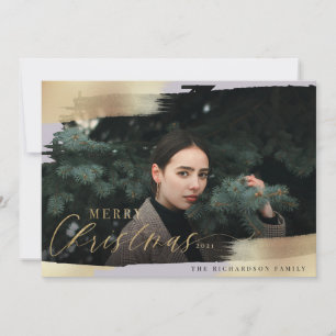 Merry Christmas Periwinkle & Gold Foil Brush Photo Holiday Card