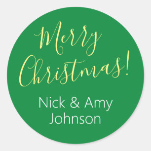 "Merry Christmas" Personalise Names/Green Classic Round Sticker