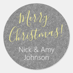 "Merry Christmas" Personalise Names/Silver Glitter Classic Round Sticker