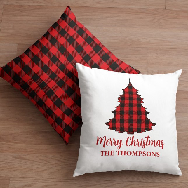 Merry Christmas Personalised Buffalo Check Cushion (Merry Christmas cute calligraphy buffalo check tree pattern pillow.)