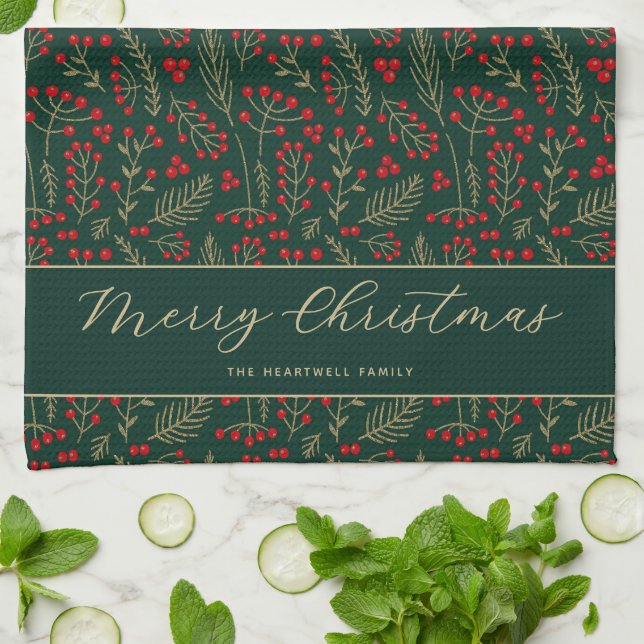 Merry Christmas Personalised Dark Botanical Tea Towel (Folded)