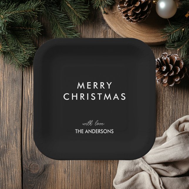 Merry Christmas Personalised Name Black Paper Plate (Creator Uploaded)