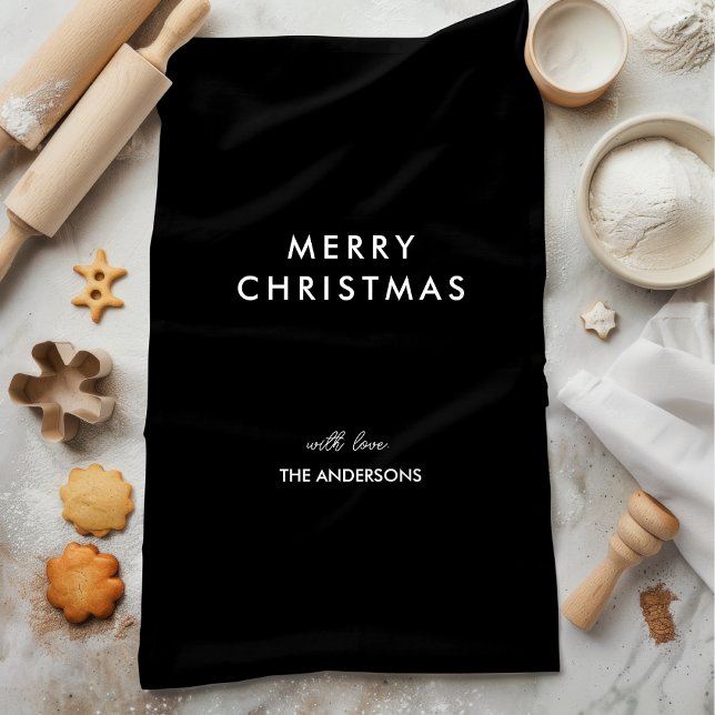 Merry Christmas Personalised Name Black  Tea Towel (Creator Uploaded)