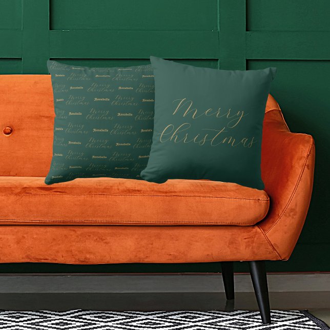 Merry Christmas Personalised Name Green Cushion (Front And Back)