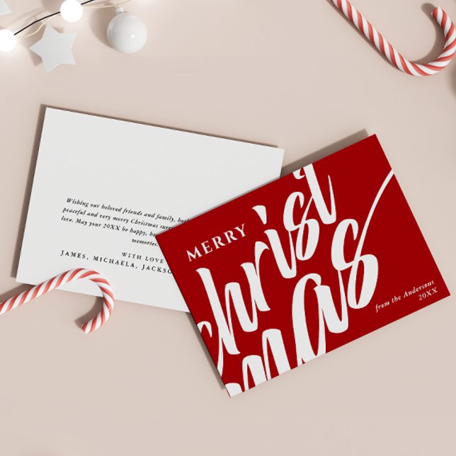 Merry Christmas Personalised Name Modern Bold Red Holiday Card (Creator Uploaded)