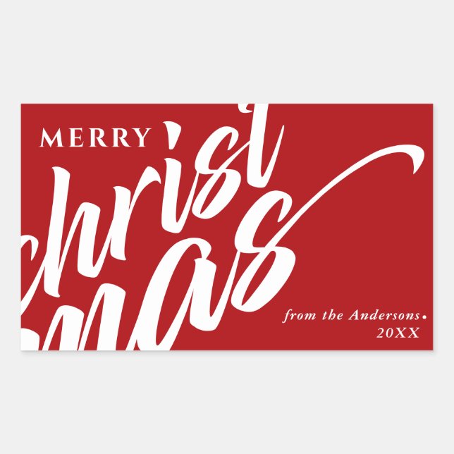Merry Christmas Personalised Name Modern Bold Red Rectangular Sticker (Front)