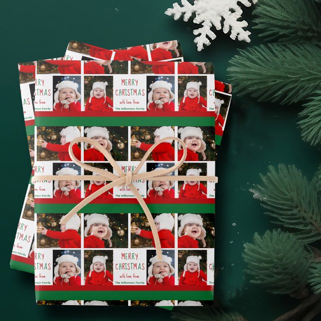 Merry Christmas Personalised Photo Red Green Wrapping Paper Sheet (Creator Uploaded)