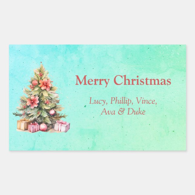 Merry Christmas Personalised Text Christmas Tree Rectangular Sticker (Front)