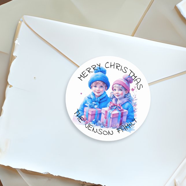 Merry Christmas Personalised Watercolor Classic Round Sticker (Creator Uploaded)