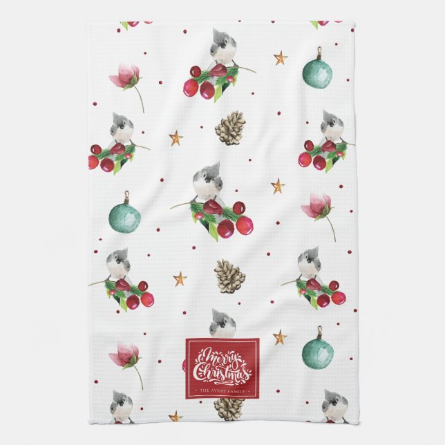 Merry Christmas Personalised Winter Bird Pattern Tea Towel (Vertical)