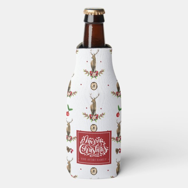 Merry Christmas Personalised Winter Deer Pattern Bottle Cooler (Bottle Front)