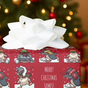 Merry Christmas Personalised Xmas Penguin Cartoon Wrapping Paper
