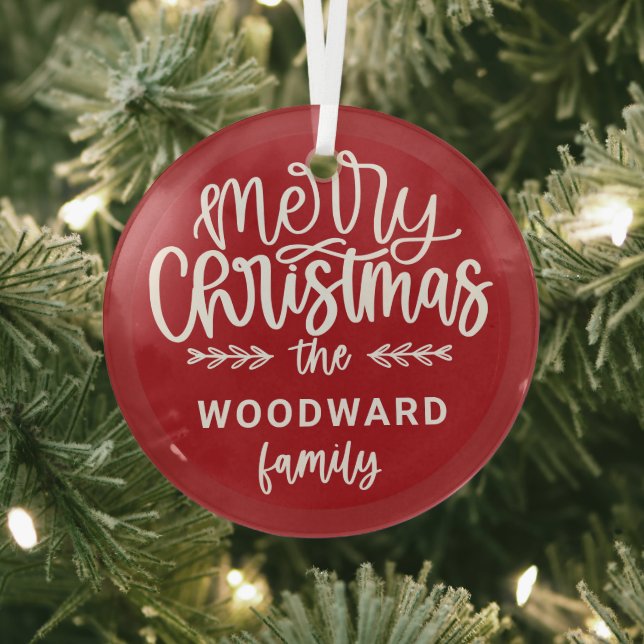 Merry Christmas Personalized Family Name Red Glass Tree Decoration (Insitu)