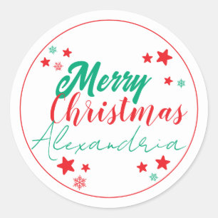 Merry Christmas Personalized Script Red and Green Classic Round Sticker