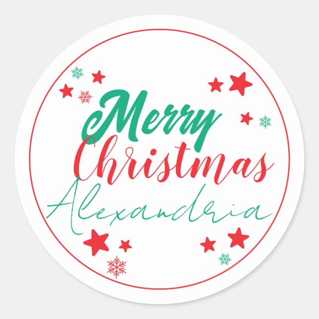 Merry Christmas Personalized Script Red and Green Classic Round Sticker (Front)