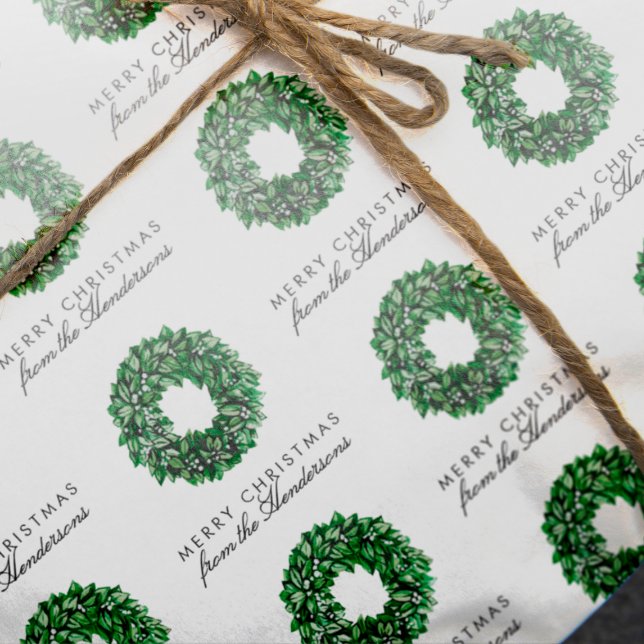 Merry Christmas Personalized Watercolor Wreath Wrapping Paper (Creator Uploaded)