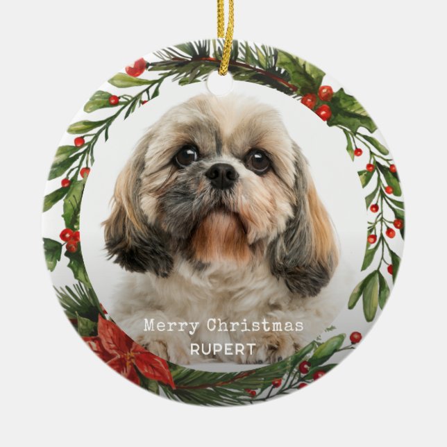 Merry Christmas Pet Photo Botanical Holly Wreath Ceramic Tree Decoration (Front)