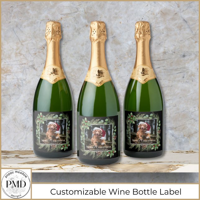 Merry Christmas Pet Photo Wreath Botanical Sparkling Wine Label (Merry Christmas Photo Wreath Botanical Sparkling Wine Bottle Label with Your Photo, Name, Year.)