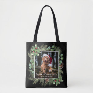 Merry Christmas Pet Photo Wreath Greenery Tote Bag