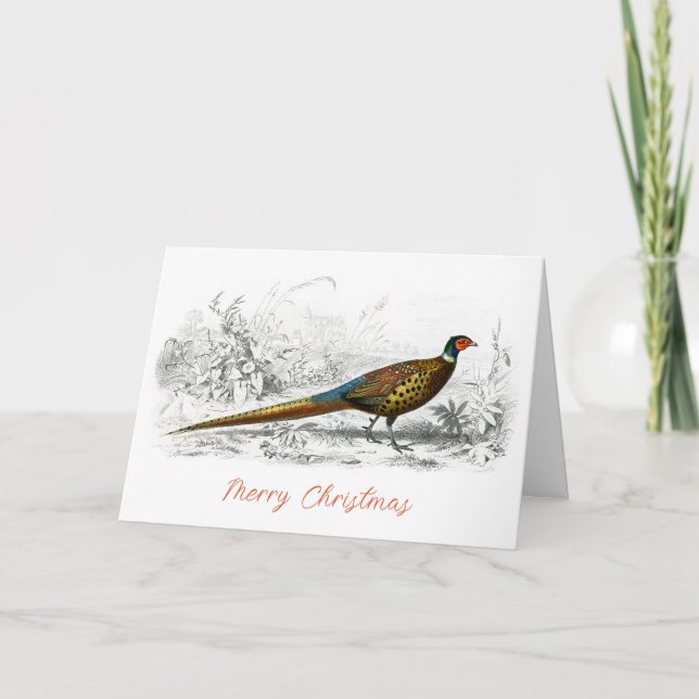 Merry Christmas Pheasant vintage art folded Holiday Card (Front)