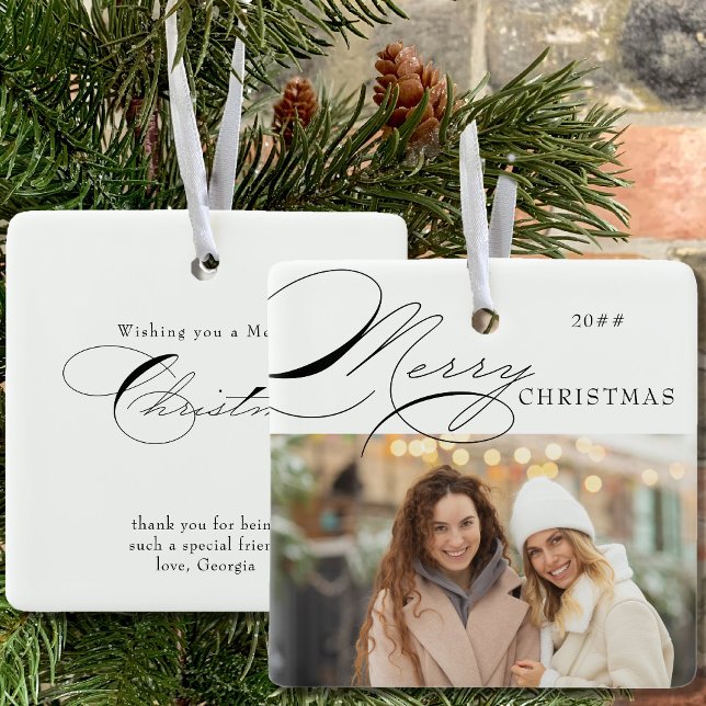 Merry Christmas Photo and Elegant Calligraphy Ceramic Ornament (Creator Uploaded)