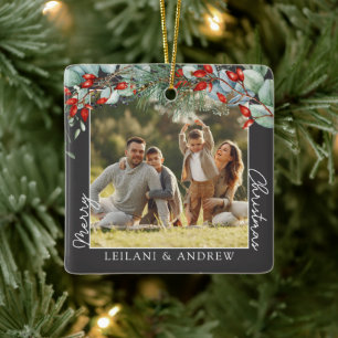 Merry Christmas Photo and Watercolor Holly Grey Ceramic Ornament
