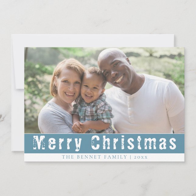 Merry Christmas Photo Blue Family Holiday Card (Front)