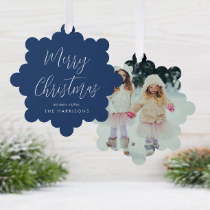 Merry Christmas Photo Blue Holiday Tree Decoration Card