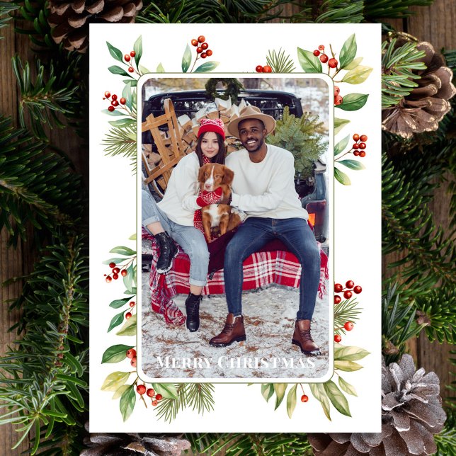 Merry Christmas Photo Botanical Holly Greenery Holiday Card (Watercolor greenery and red holly berries photo card. )