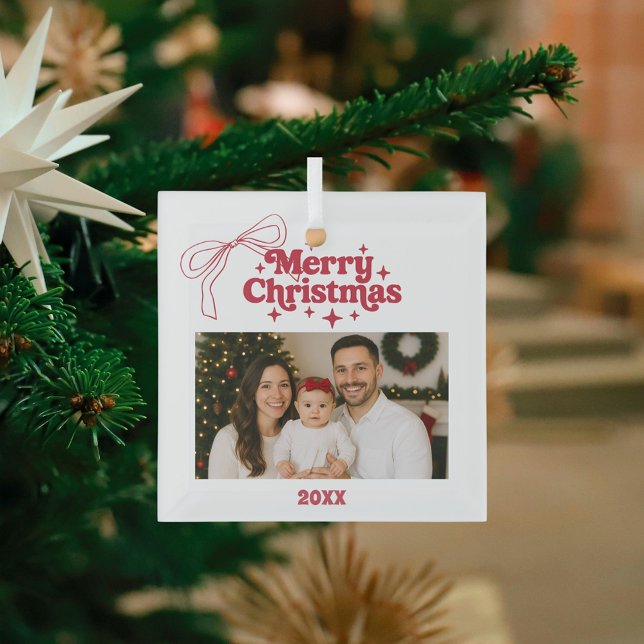 Merry Christmas photo bow red hand-drawn retro Glass Tree Decoration (Creator Uploaded)