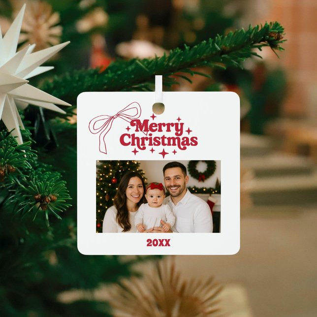 Merry Christmas photo bow red hand-drawn retro Metal Tree Decoration (Creator Uploaded)