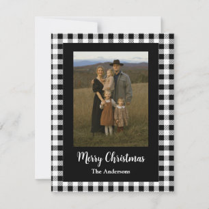 Merry Christmas Photo Buffalo Plaid Black White Holiday Card