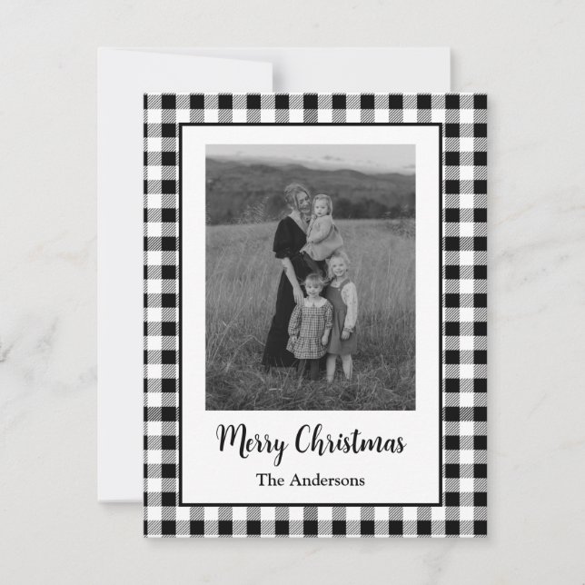 Merry Christmas Photo Buffalo Plaid Black White Holiday Card (Front)