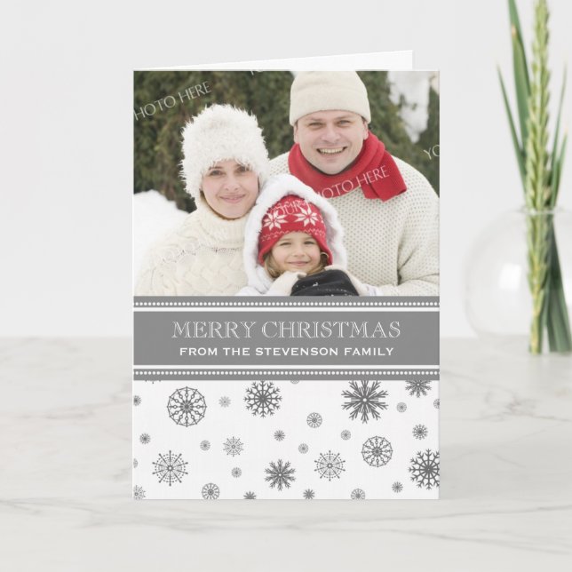 Merry Christmas Photo Card Grey White Snowflakes (Front)