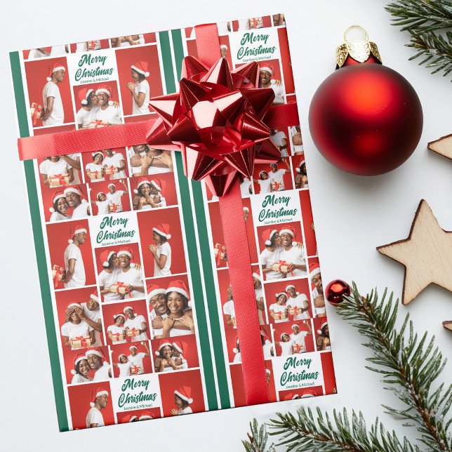 Merry Christmas Photo Collage 2025 Green Script Wrapping Paper (Creator Uploaded)