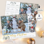 Merry Christmas Photo Collage 2026 Calendar  Holiday Card<br><div class="desc">Merry Christmas Photo Collage 2026 Calendar. Elegant 2025 holiday greeting card featuring a faux gold MERRY CHRISTMAS title in a modern hand lettered calligraphy script and gold Christmas tree decorations with a photo collage of 4 pictures on the front and the back features one photo and a 2026 year-at-a-glance calendar...</div>
