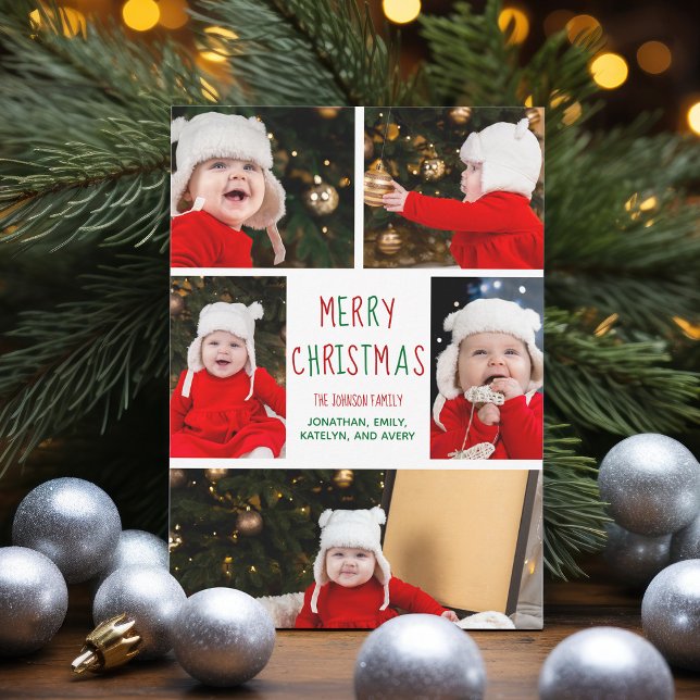 Merry Christmas Photo Collage Beautiful Red Green Holiday Card (Creator Uploaded)