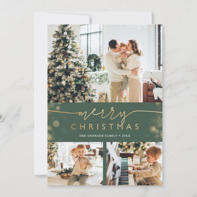 Merry Christmas Photo Collage Classic Green Gold Holiday Card (Front)