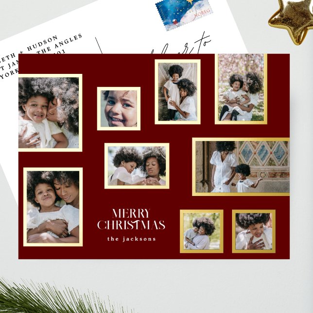 Merry Christmas | Photo Collage | Classic Red Foil Holiday Postcard (Creator Uploaded)