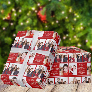 Merry Christmas Photo Collage Cute Custom Red Wrapping Paper