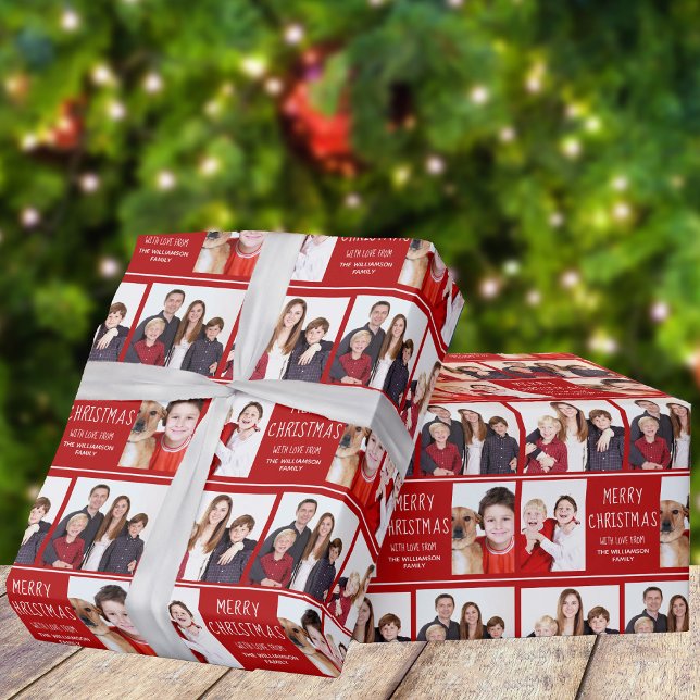 Merry Christmas Photo Collage Cute Custom Red Wrapping Paper (Creator Uploaded)